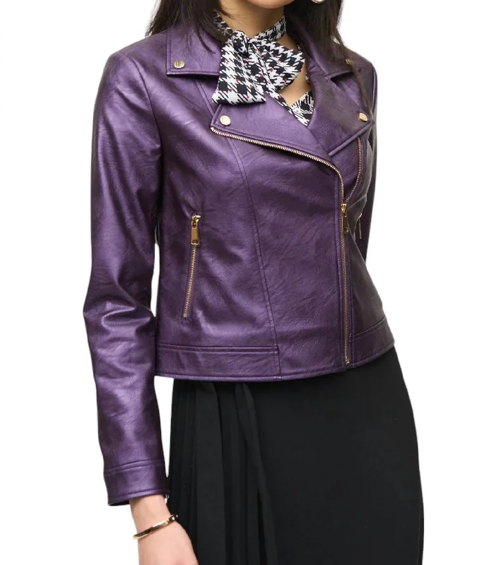 Chic Style, Always In Vogue Metallic Faux Leather Biker Jacket In Black Currant