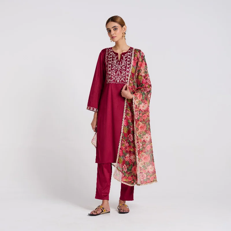 Fashion Forward Maroon Embroidered Phulwari Velvet Set with Dupatta