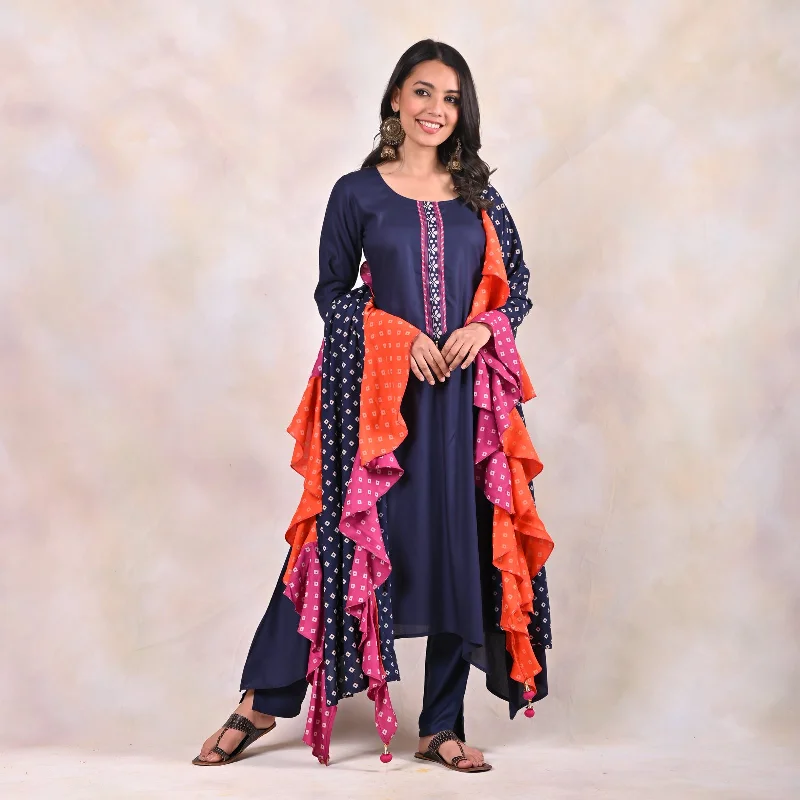 Holiday Discount Indigo Kurta Pants Set with Tiered Bandhani Dupatta