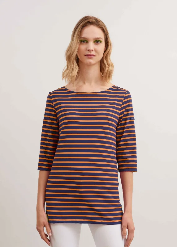 Cutting Edge Fashion PHARE - Boat Neck Striped Tunic with Slits | Stretch fabric with UV Protection (INDIGO / NEON ORANGE)