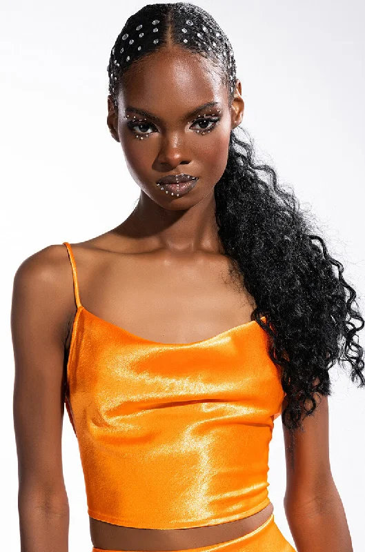 Season Offer DUSK TILL DAWN CROPPED SLEEVELESS SATIN COWL NECK