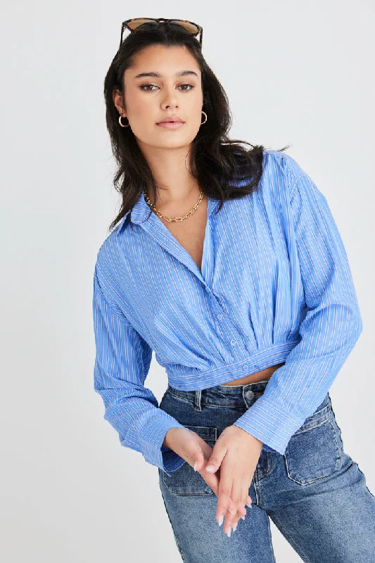 New Season Fashion Preview Gifted Blue Stripe Button Pleat Ls Crop Shirt