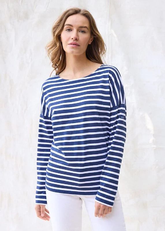 Luxury Fashion MINQUIERS DROP II - Drop-Shoulder Breton Striped Shirt | Soft Cotton | Straight Fit (NAVY / WHITE)