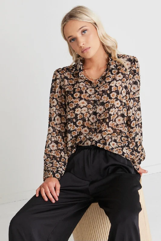 All Season Fashion Collection Savvy Black Gold Sheer Puff Sleeve Shirt