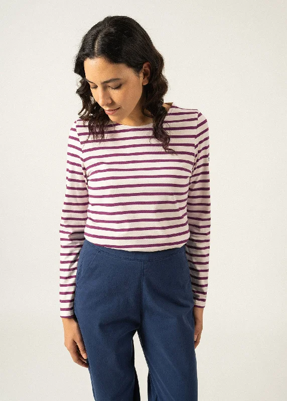 Dive Into Trendy Women's Fashion MINQUIDAME - Breton Striped Shirt with Long Sleeve | Soft Cotton | Women Fit (IVORY / PLUM)