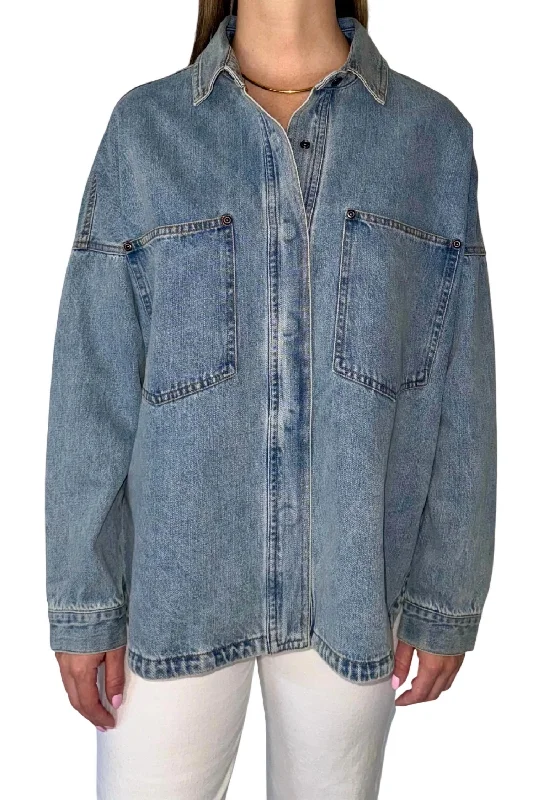 Style Your Wardrobe Denim Shacket With Front Pockets In Blue