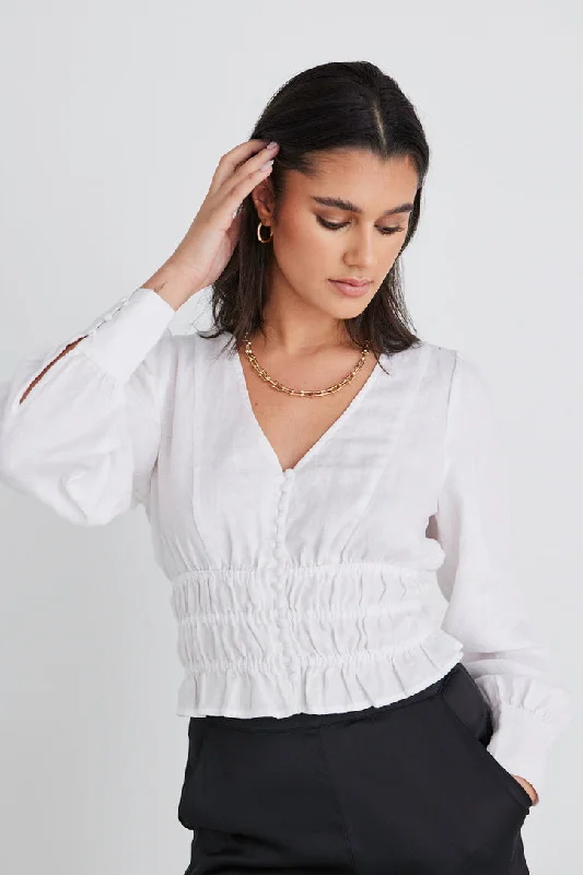 Trendy New Clothes Fabled White Linen LS Shirred Waist Top