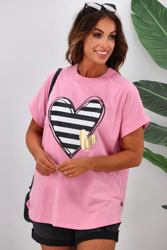 Relaxed Style Rebel Club Heartsync Stripe Capsleeve Tee Pink