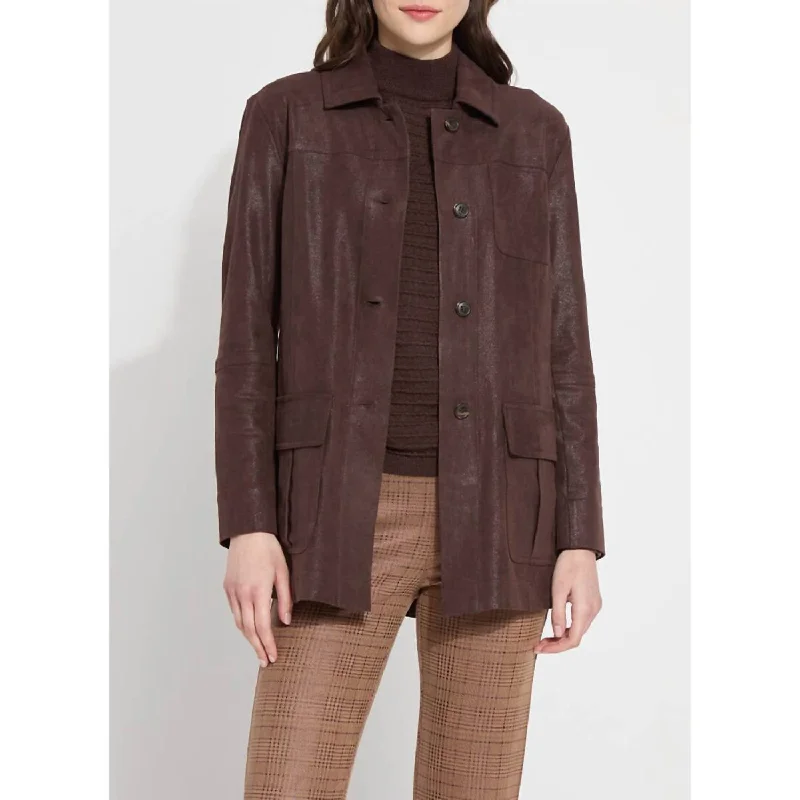 Trendy Threads Lora Foil Faux Suede Utility Jacket In Dark Mocha